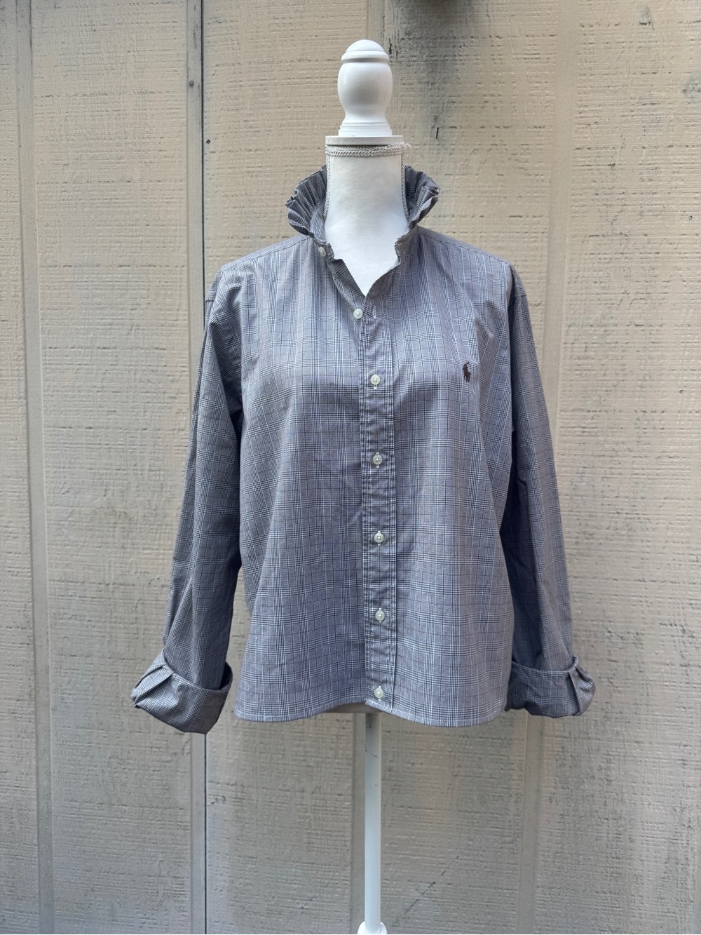 Ralph Lauren Restyled Blk, Brown Cream Glen Plaid Ruffle Collar Crop Button-Down